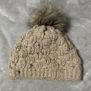 Lachti Hat Beanie Cable Knit Faux Fur Pom Fleece Lined‎ Beige Tan Chunky Womens